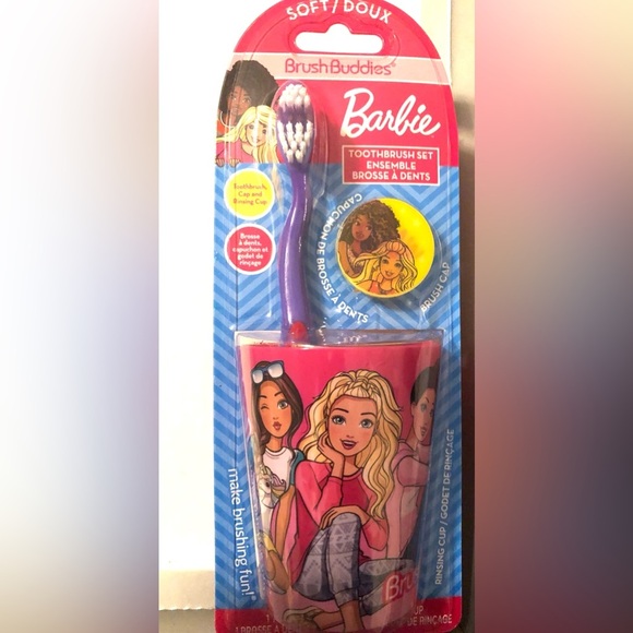 Barbie 3pc brush buddies soft ergonomic toothbrush cap and rinsing cup set new - Picture 4 of 14